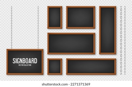 Signboards in a wooden frame hanging on a metal chain. Restaurant menu board. School chalkboard, writing surface for text or drawing. Blank advertising or presentation boards. Vector illustration