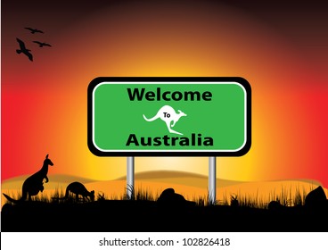 signe of welcome to Australia with  sunset background