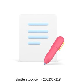 Signed 3d document. Pink pen next to volumetric piece paper with blue stripes text. Legal partnership with personal data. Electronic document with digital security. Vector isolated icon template