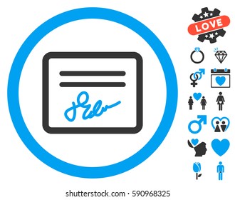 Signed Agreement Document icon with bonus dating images. Vector illustration style is flat iconic blue and gray symbols on white background.