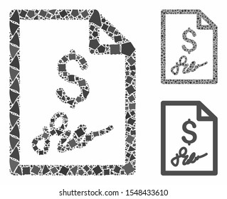 Signed bill composition of ragged pieces in various sizes and color hues, based on signed bill icon. Vector trembly pieces are united into composition. Signed bill icons collage with dotted pattern.
