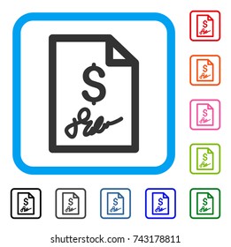Signed Bill icon. Flat grey pictogram symbol inside a light blue rounded rectangle. Black, gray, green, blue, red, orange color variants of Signed Bill vector.