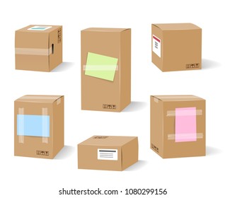 Signed boxes. Cardboard brown boxes with attached notes for move, vector illustration