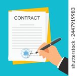 Signed business contract agreement on desk. Contract with pen icon. Vector illustration