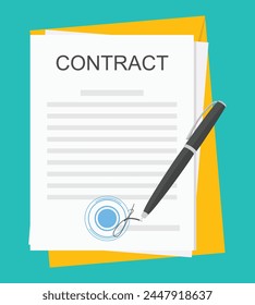 Signed business contract agreement on desk. Contract with pen icon. Vector illustration