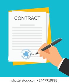 Signed business contract agreement on desk. Contract with pen icon. Vector illustration