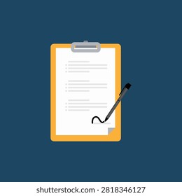 Signed business contract paper on yellow clipboard with pen isolated vector illustration for legal deal concept