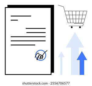 Signed business document highlighted with a shopping cart icon and upward-pointing arrows, symbolizing growth and transaction success. Ideal for e-commerce, business contracts, online shopping