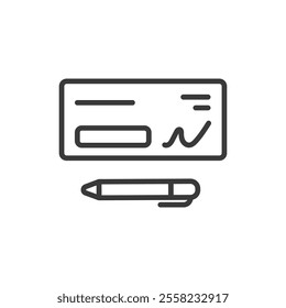 Signed check, icon in line design. Signed, check, payment, bank, finance, cash, transfer on white background vector. Signed check editable stroke icon