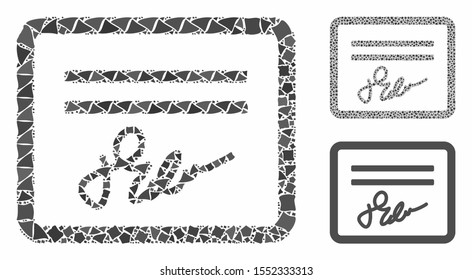 Signed cheque composition of unequal items in variable sizes and color tints, based on signed cheque icon. Vector tuberous items are combined into mosaic.