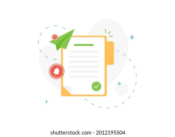 A signed or confirmed document in an open folder with a check mark. Flat design