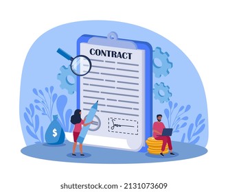 Signed contract concept. Magnifying glass on documents or paper. Notepad and notes. Internet deal metaphor, successful negotiations. Jurisprudence and lawyers. Cartoon flat vector illustration