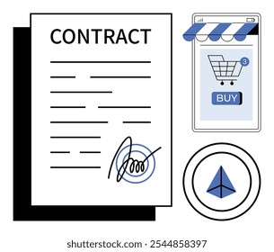 Um contrato assinado com uma assinatura digital, uma tela móvel exibindo um carrinho de compras on-line com um botão COMPRAR e um símbolo de envio. Ideal para comércio eletrônico, contratos on-line, transações digitais