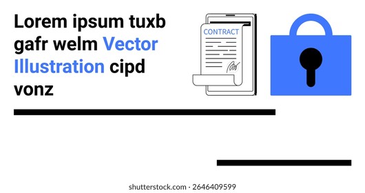 Signed contract document on clipboard next to blue lock symbol. Ideal for legal services, data security, online contracts, cybersecurity, digital agreements, privacy policies, tech solutions. Banner