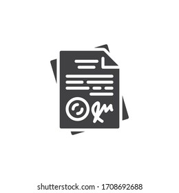 Signed contract document vector icon. Agreement filled flat sign for mobile concept and web design. Legal documents with signature and stamp glyph icon. Symbol, logo illustration. Vector graphics