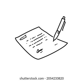 Signed contract doodle, vector doodle illustration of a pen on a paper agreement signing of business contract.