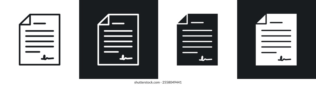Signed contract icons pack in black and white filled and outlined versions.