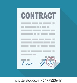 Signed contract isolated in flat design style with long shadow