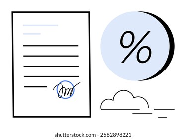 Signed contract with a large percentage symbol and small cloud elements. Ideal for finance, interest rates, loans, agreements, contracts, business deals, financial planning. Line metaphor