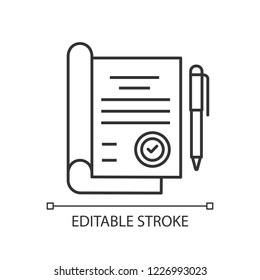 Signed contract linear icon. Agreement, deal. Thin line illustration. Corporate policies. Ethical obligations. Contour symbol. Vector isolated outline drawing. Editable stroke