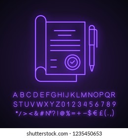 Signed contract neon light icon. Agreement, deal. Corporate policies. Ethical obligations. Glowing sign with alphabet, numbers and symbols. Vector isolated illustration