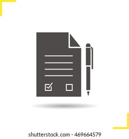 Signed contract with pen icon. Drop shadow agreement silhouette symbol. Application form. Negative space. Vector isolated illustration