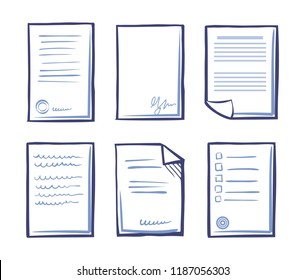 Signed contract with text and signature vector. Commercial documentation template, web appliance letter samples. Set of office papers isolated icons.
