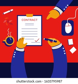 Signed contract vector cartoon concept illustration top view.