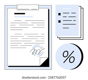 Signed document, checklist papers, and a percentage symbol. Ideal for business agreements, compliance, financial reports, approval processes, auditing, record keeping, education. Line metaphor