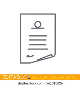 Signed Document. Editable line icon. Stock vector illustration.