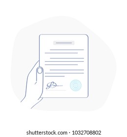 Signed Document in the hand sign with signature and text, idea of contract signed doc, legal agreement, license with approved stamp, partnership form, success deal, approved agreement, contract symbol