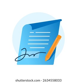 Ilustração de documento assinado. Papel contratual com assinatura, caneta. Conceito de contrato legal, negócio ou aprovação de documento em estilo simples. Para assinatura digital, papelada ou visuais oficiais