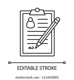Signed document linear icon. Thin line illustration. Contract, agreement. Signature. Contour symbol. Vector isolated outline drawing. Editable stroke