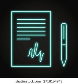 Signed document neon icon. Contract or agreement, informed consent. Vector illustration