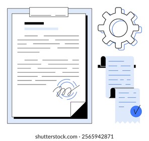 A signed document, receipt with checkmark, and gear icon representing settings. Ideal for business, contracts, administrative tasks, legal agreements, and documentation processes. Outline drawing