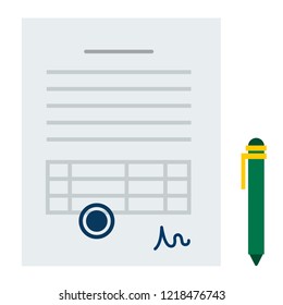 Signed document with stamp and green fountain pen vector flat icon isolated on white
