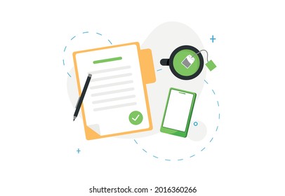 Signed document or to-do list and phone. Business object icon concept. Flat design isolated on white background
