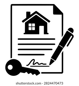 Signed House Contract with Pen and Key, Black Silhouette for Real Estate, Rental and Mortgage Projects