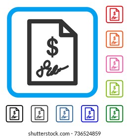 Signed Invoice icon. Flat grey pictogram symbol inside a light blue rounded squared frame. Black, gray, green, blue, red, orange color versions of Signed Invoice vector.