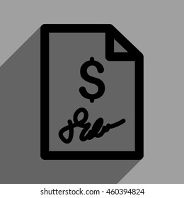Signed Invoice long shadow vector icon. Style is a flat signed invoice black iconic symbol on a gray square background with longshadow.
