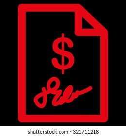 Signed Invoice vector icon. Style is flat symbol, red color, rounded angles, black background.