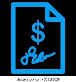 Signed Invoice vector icon. Style is flat symbol, blue color, rounded angles, black background.