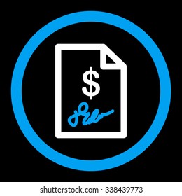 Signed Invoice vector icon. Style is bicolor flat rounded symbol, blue and white colors, rounded angles, black background.