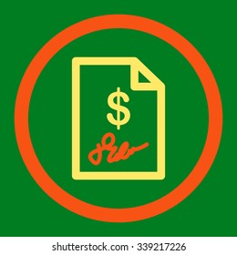 Signed Invoice vector icon. Style is bicolor flat rounded symbol, orange and yellow colors, rounded angles, green background.