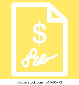 Signed Invoice vector icon. Style is flat symbol, white color, rounded angles, yellow background.