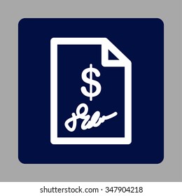 Signed Invoice vector icon. Style is flat rounded square button, white and dark blue colors, silver background.