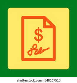 Signed Invoice vector icon. Style is flat rounded square button, orange and yellow colors, green background.