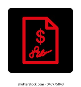 Signed Invoice vector icon. Style is flat rounded square button, intensive red and black colors, white background.