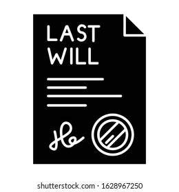 Signed last will black glyph icon. Document with stamp. Notarized testament. Apostille and legalization. Legal paper. Notary services. Silhouette symbol on white space. Vector isolated illustration