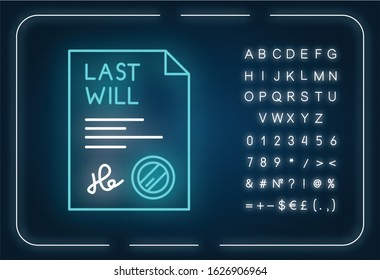 Signed Last Will Neon Light Icon. Document With Stamp. Notarized Testament. Apostille. Outer Glowing Effect. Sign With Alphabet, Numbers And Symbols. Vector Isolated RGB Color Illustration